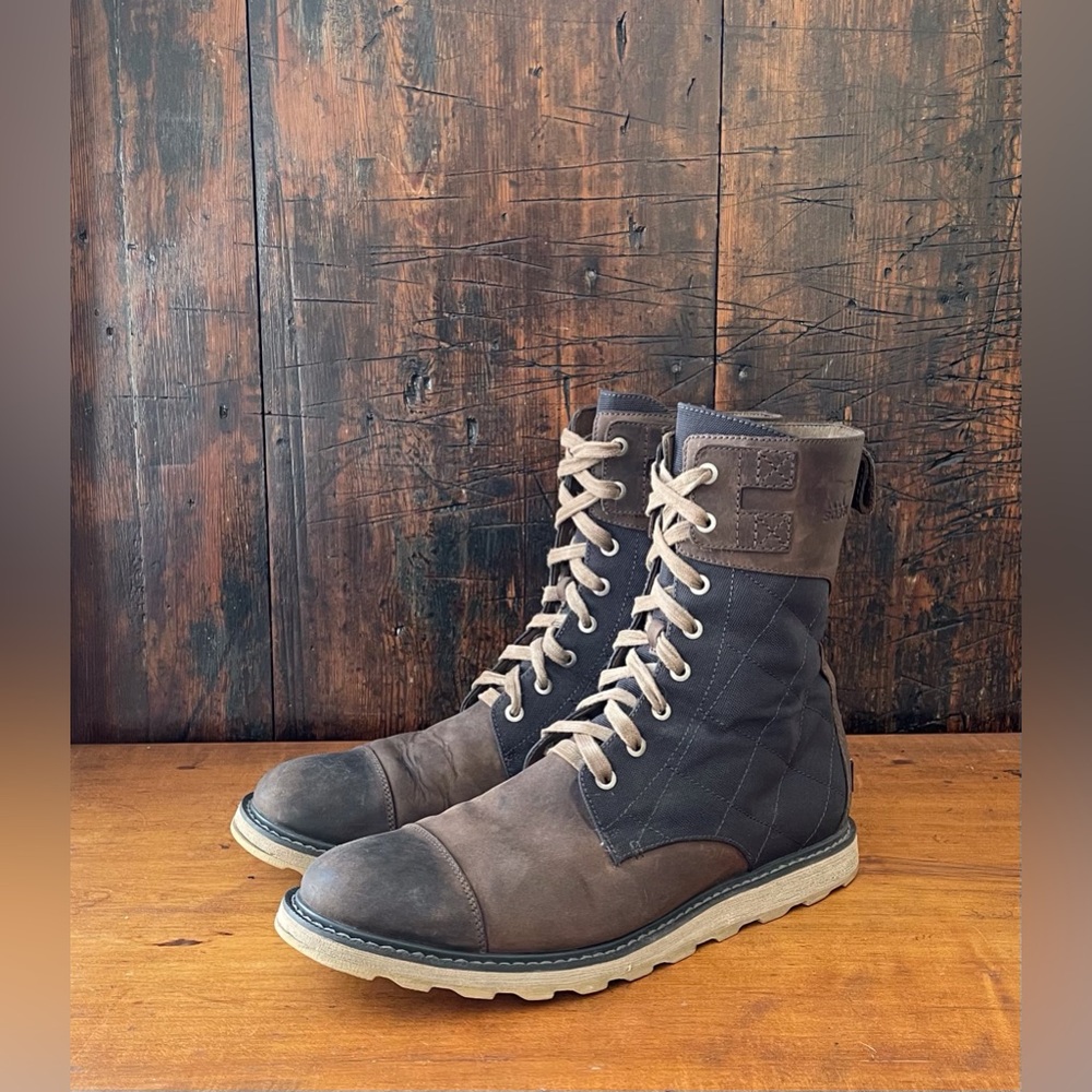 Sorel Madson Tall Lace Boots Brown Leather Dark Canvas Construction Men’s Sz 12